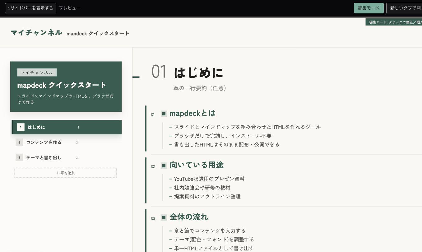 ノートPC上で、左の目次と右のスライドを同時に表示して直接編集しているmapdeckの実画面